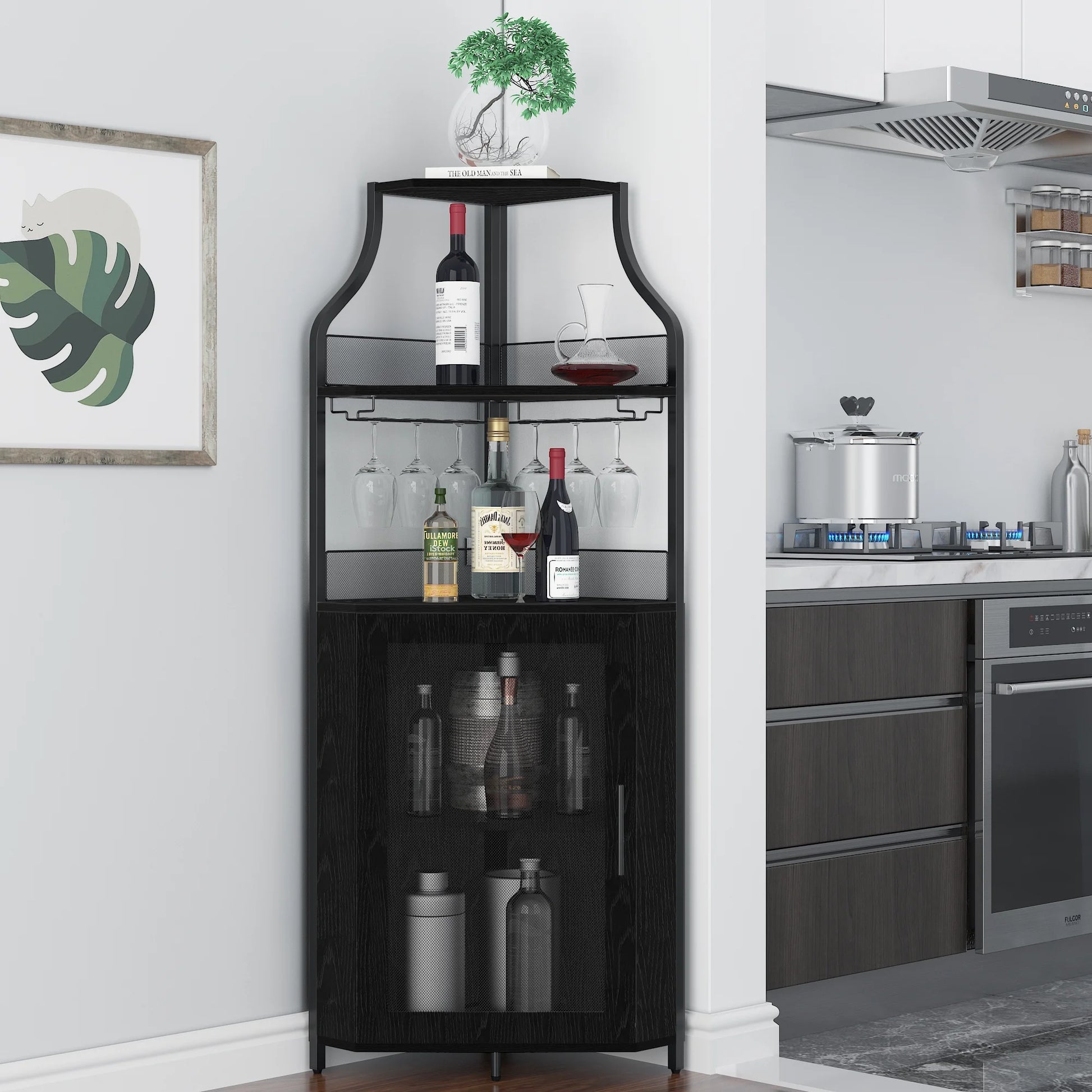 COZONY 5-Tier Retro-Styled Corner Bar Cabinet with Wine Rack, Glass Holder, and Storage Shelves, 60.6"H
