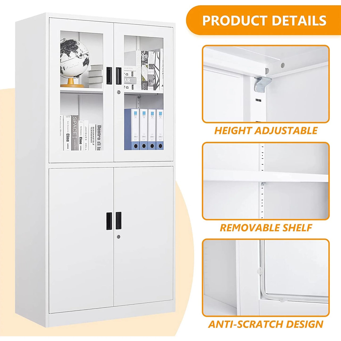 STANI Metal Cabinet with Lock, Tall Office Storage Cabinet with Glass Door, Lockable Black Steel Cabinet with 2 Adjustable Shelves for Home, Clinic, Pantry, Basement