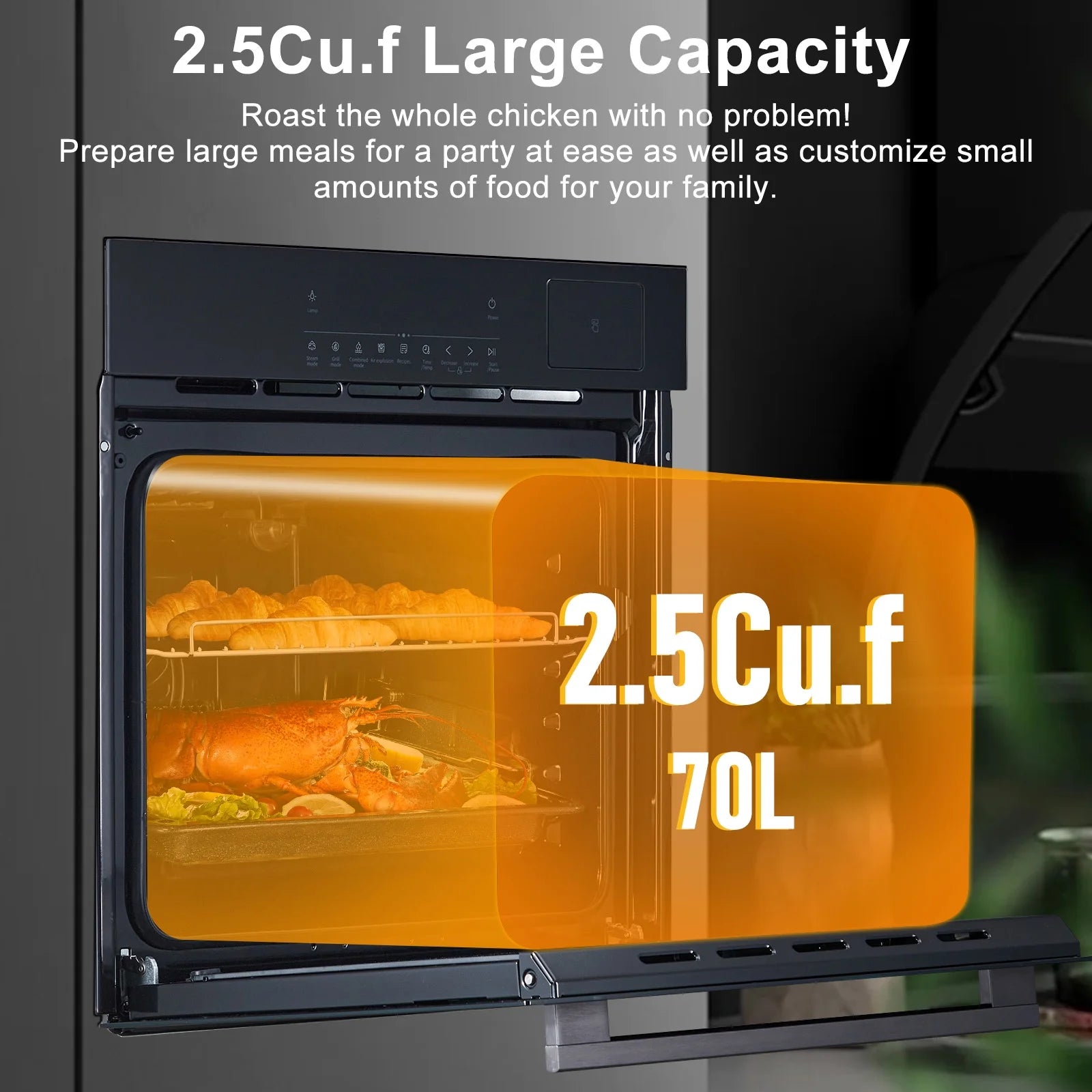 24" Electric Single Wall Oven, 2.5Cu.ft with 8 Baking Modes, 70L Electric Convection Oven, with Air Frying Function, 3000w, 3D Surround Heating with Double-Layered Glass Door, Timer, Touch Control