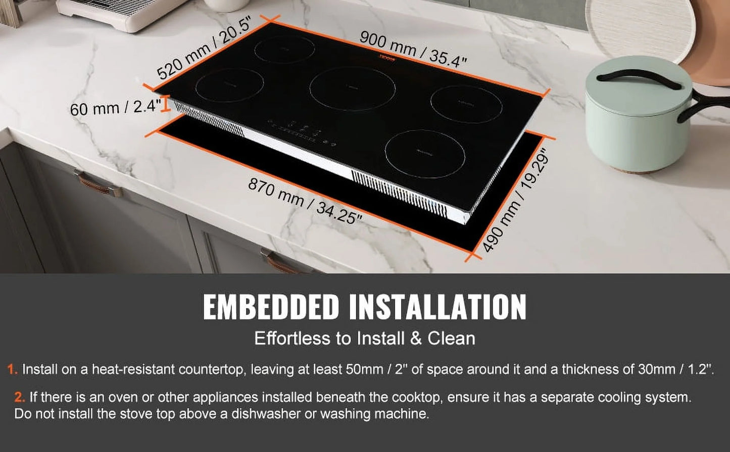 BENTISM 36 inch Electric Cooktop 5 Burners Ceramic Glass Stove Top Touch Control 9200W 9 Heat Levels Built-in Electric Stove