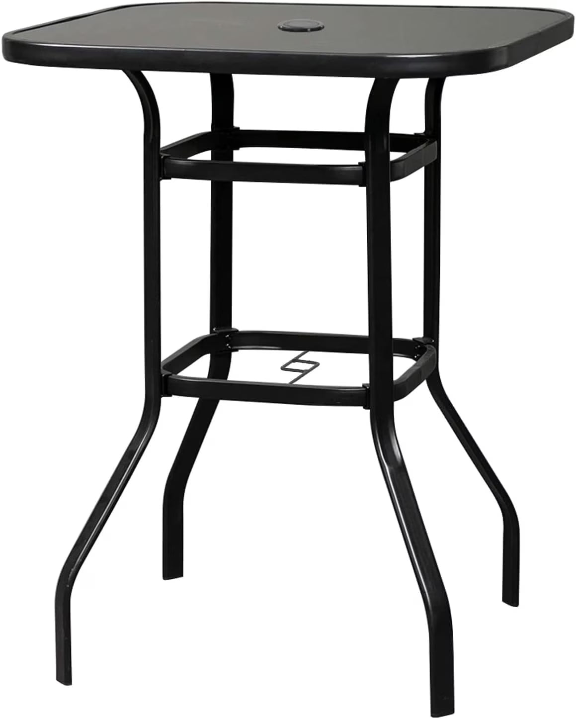 Poteban Patio Bar Height Table with Umbrella Hole, 2-Tier High Top Outdoor Bistro Table, Square Tempered Glass Metal Table for Patio, Lawn, Bar