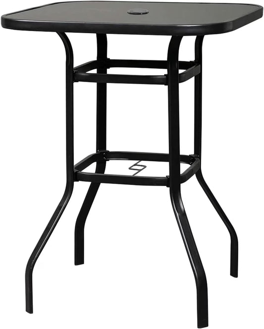 Poteban Patio Bar Height Table with Umbrella Hole, 2-Tier High Top Outdoor Bistro Table, Square Tempered Glass Metal Table for Patio, Lawn, Bar