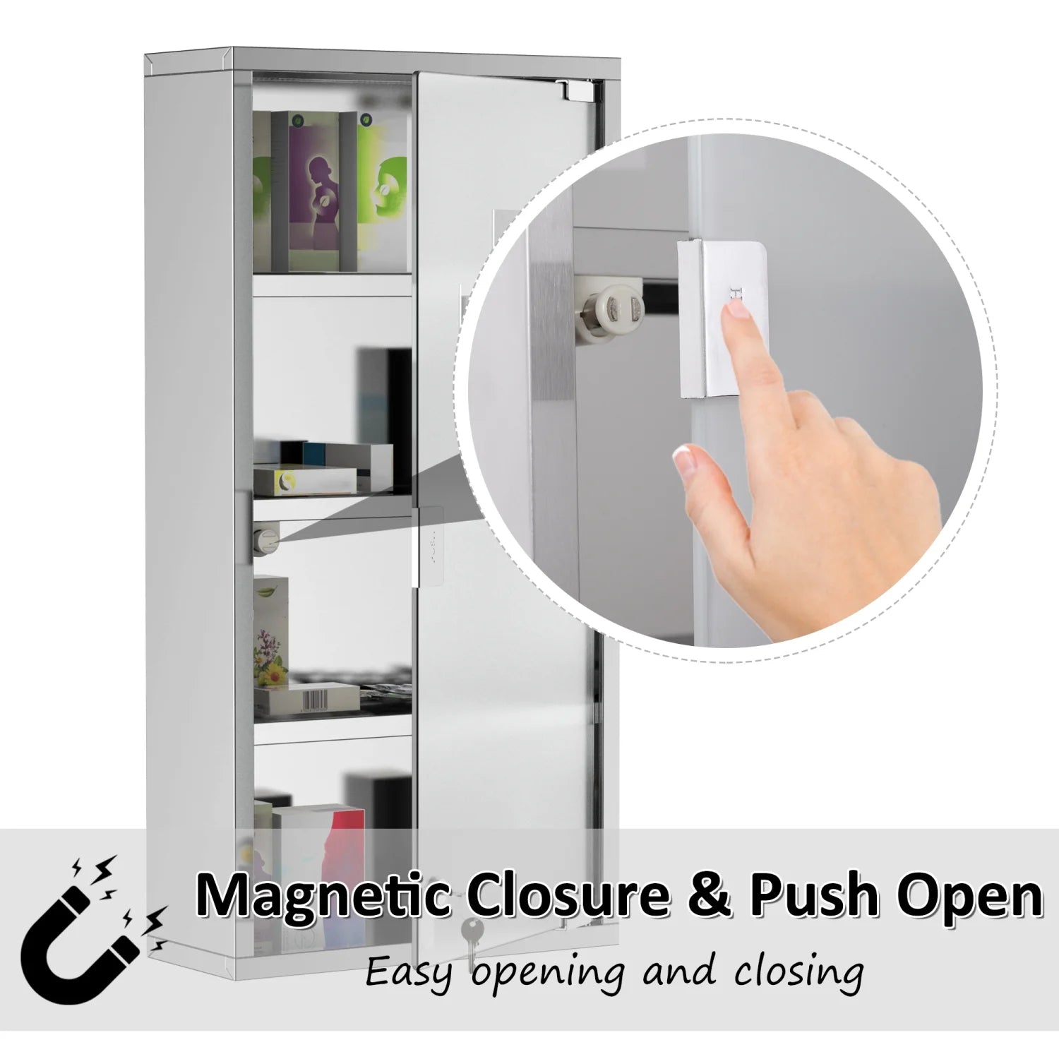 Wall Mounted Medicine Cabinet, with 4 Tier Shelves, Stainless Steel Frame and Glass Door