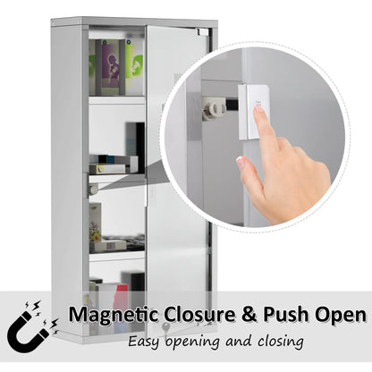 Wall Mounted Medicine Cabinet, with 4 Tier Shelves, Stainless Steel Frame and Glass Door