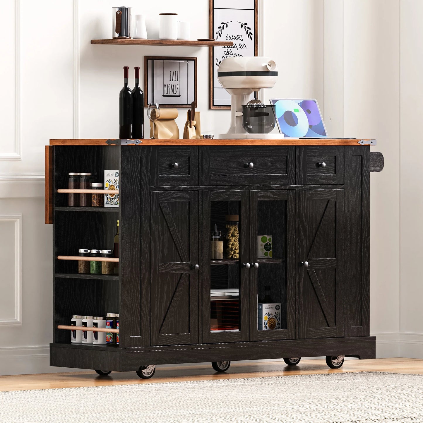 Euroco 53'' Farmhouse Kitchen Island with Two Tempered Glass Cabinet DoorsRolling Kitchen Cart on Wheels