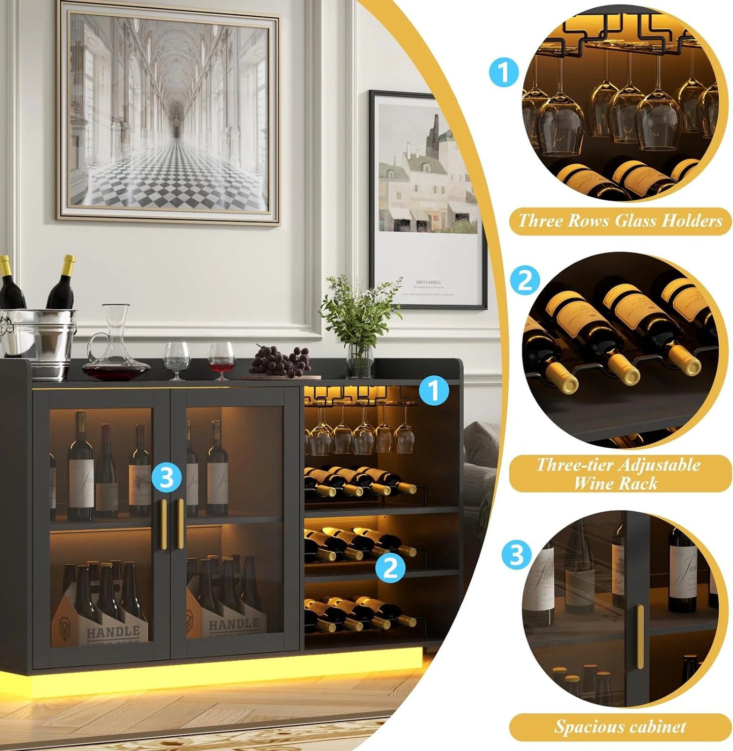 Wine Bar Cabinet with LED Lights, Floating Coffee Bar with Glass Rack and Removable Wine Racks, Modern Buffet Sideboard with Storage Shelves, Kithchen Bar with Glass Cabinet Doors