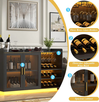 Wine Bar Cabinet with LED Lights, Floating Coffee Bar with Glass Rack and Removable Wine Racks, Modern Buffet Sideboard with Storage Shelves, Kithchen Bar with Glass Cabinet Doors
