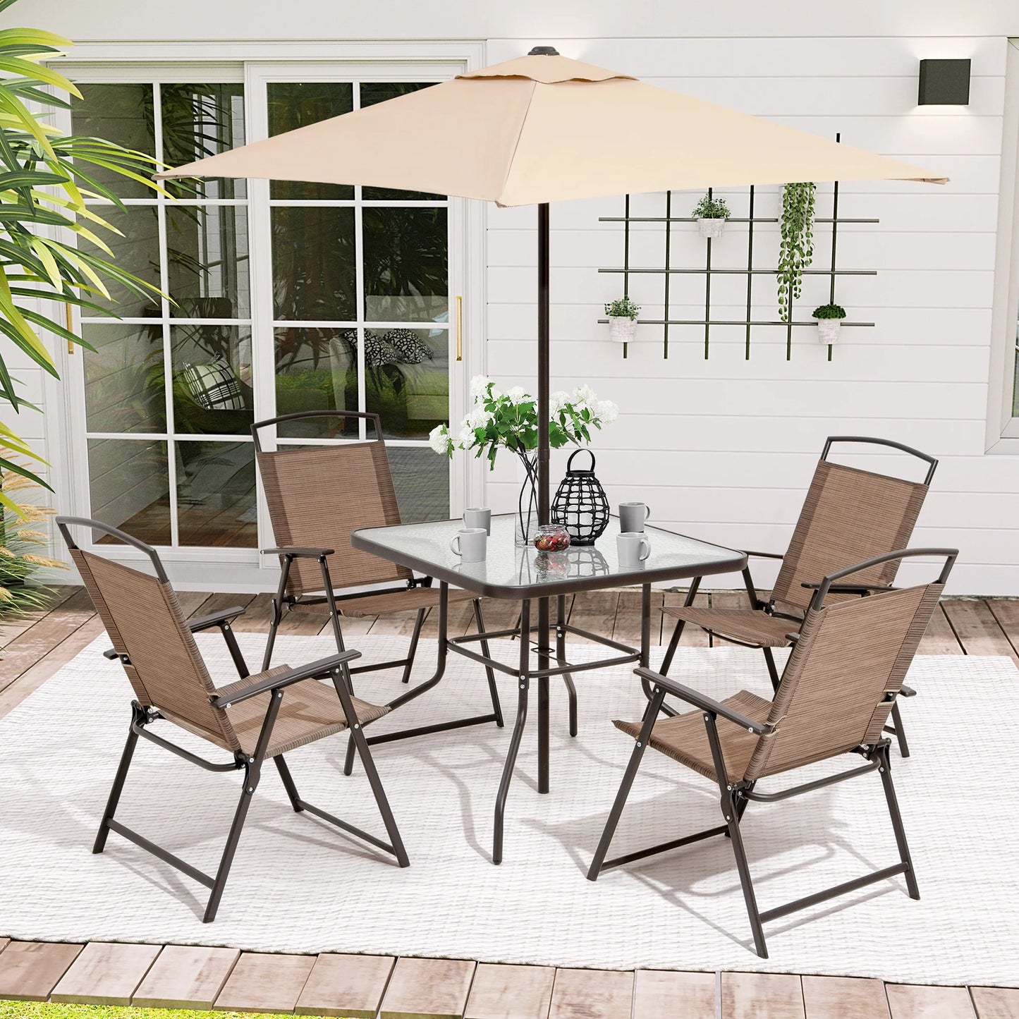 Pellebant 6 Pcs Metal & Glass Patio Dinning Set and Umbrella in Beige