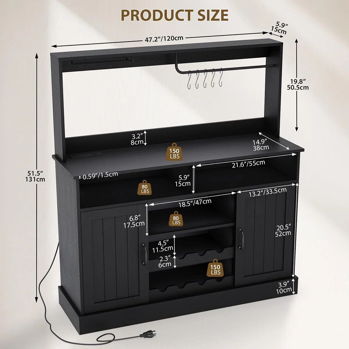 Ataucjin Farmhouse Coffee Bar Cabinet with Wine Rack,47''Coffee Bar Station with Power Outlet & Goblet Holder,Hutch Storage Cabinet with Glass Racks & 5 Hooks Sideboard Cabinets for Dining Living Room