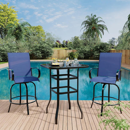 Homhougo 3 Piece Patio Swivel Bar Sets, 3PCS Outdoor High Top Bar Set with 2 Outdoor Swivel Chairs and Glass Bar Table, Patio High Top Bar Table and Stools Chairs Set All Weather Textile Fabric