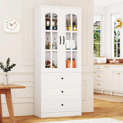 Blotout 78.7" Tall Kitchen Pantry Cabinet with 2 Glass Doors, Large Drawer Storage Cabinet with Shelves, Freestanding Storage Cabinet for Dining Room and Living Room