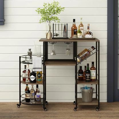 Bar Cart, Home Bar Service Cart with Wine Rack and Glass Holder, Kitchen Cart with Rolling Wheels, Metal Bar Rack with 7 Tiers Storage for Home, Kitchen, Living Room, Dining Room (Brown)