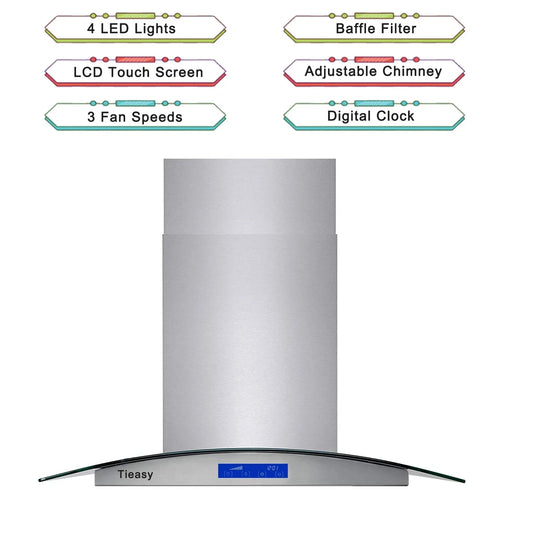 Joeaonz 36-Inch Island Mount Range Hood with 900 CFM, 4 LED Lights, Glass LCD Touch Control