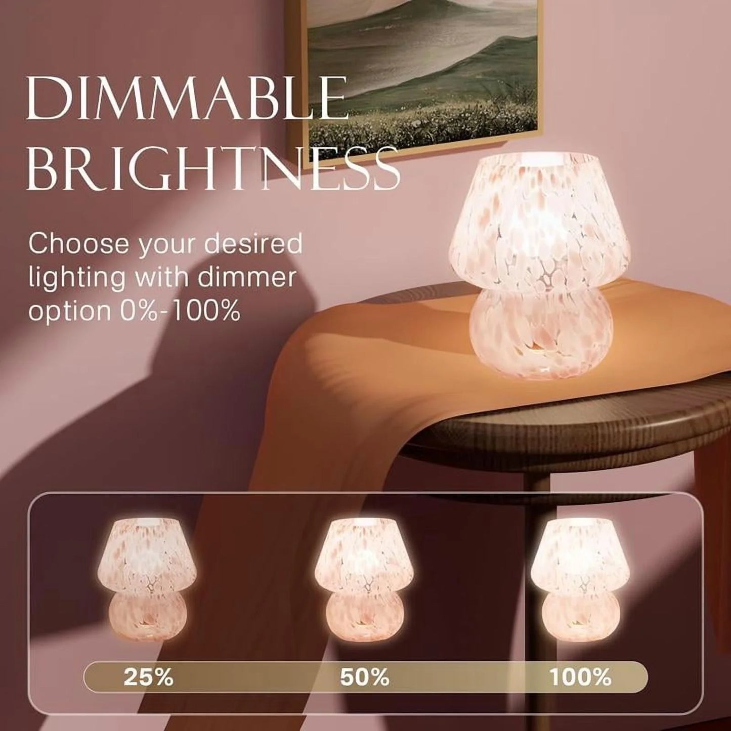 Aesthetic Design Translucent Vintage Glass Desk Lamp for Living Room, Bedroom, Office - Dimmable Small Pink Mushroom Table Lamp