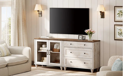 TV Stand for 75-Inch TVs, Wooden TV Cabinet Entertainment Center Television Stands for Living Room, 2-in-1 Sideboard Buffet Cabinet with Glass Door & Drawer for Kitchen, Rustic White