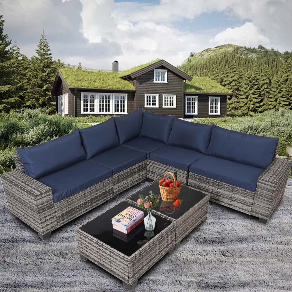 HISUKOY 7-Piece Modular Outdoor Sectional Wicker Patio Conversation Set,Outdoor Couch,All Weather Patio Conversation Sets with Washable Cushions and Glass Table, Rattan Wicker Couch for Garden