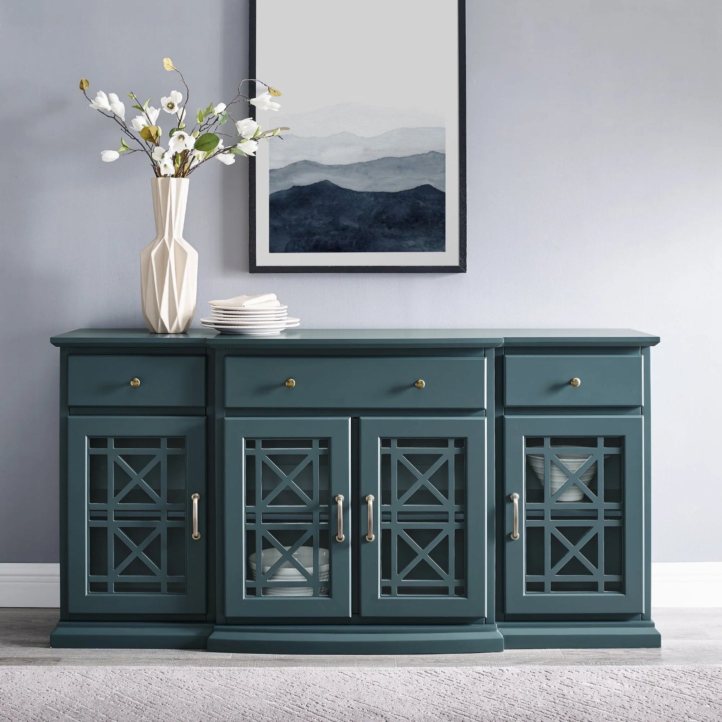 Walker Edison Classic Tiered-Front Trellis Glass Door Sideboard/TV Stand for TVs up to 65", Dark Teal