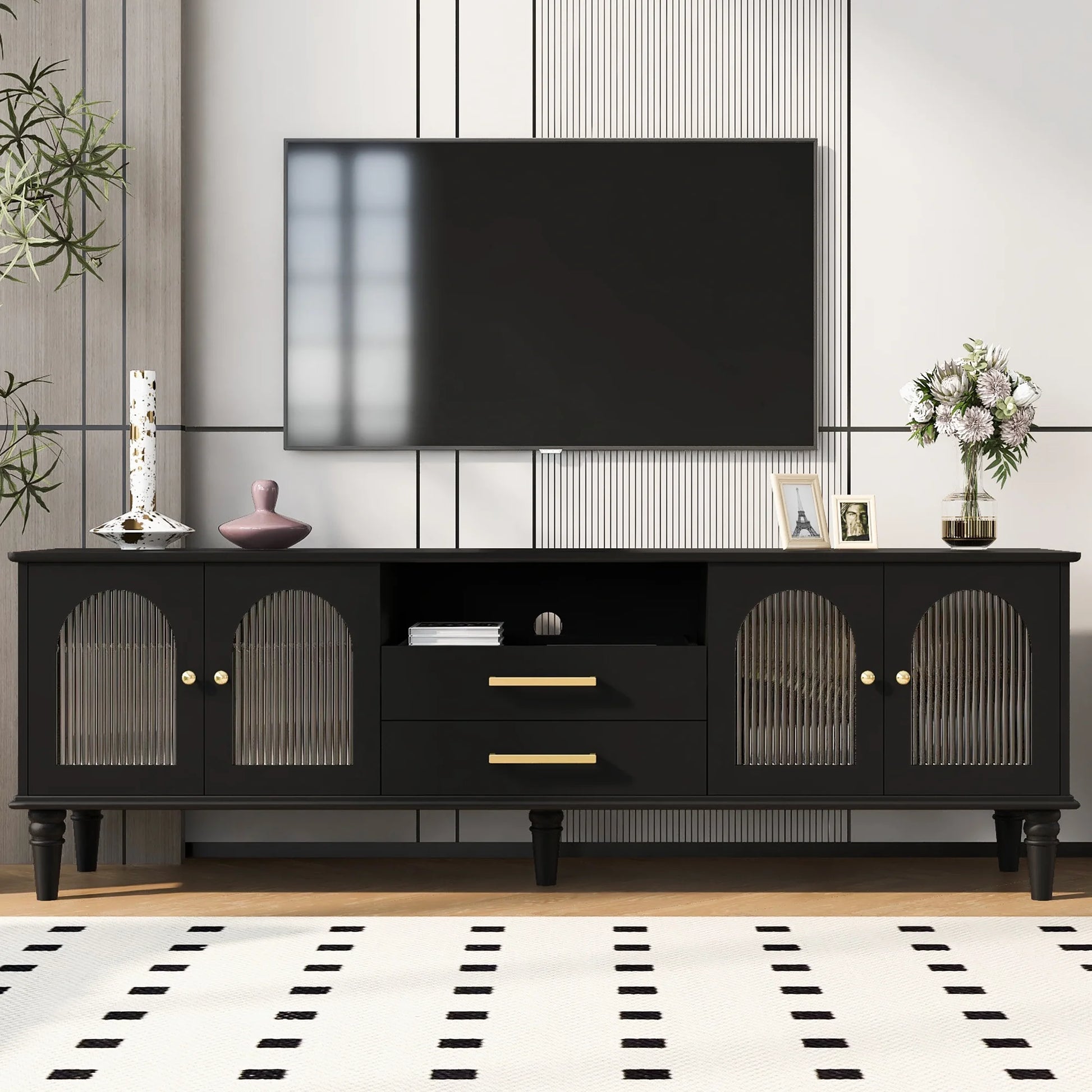 Harper & Bright Designs TV Stand with Fluted Glass Doors for 75 inch TV, TV Storage Cabinet Table with Drawers, Wood Media Console Table with Solid Wood Legs for Living Room, White