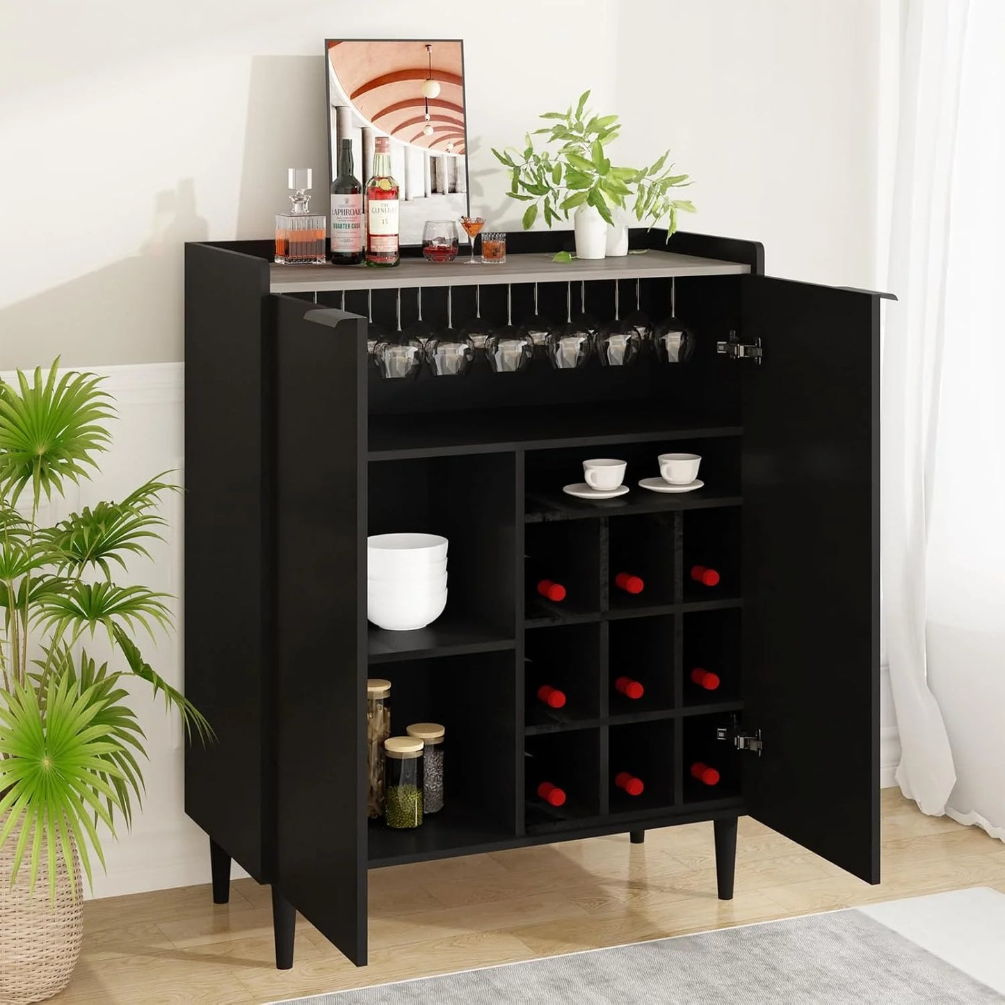 Lamerge Bar Cabinet, Black Industrial Bar Cabinet for Wine Glasses and Glasses, 37 Inch with Removable Wine Rack for Kitchen, Living Room Black