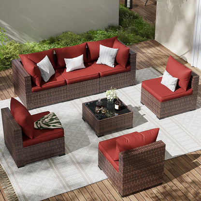 ELPOSUN 7 Pieces Patio Furniture Set All Weather Outdoor Sectional Sofa, Outdoor Modern Sectional Furniture Wicker Couch with Glass Coffee Table, Thicken Red Cushions, Water Resistant