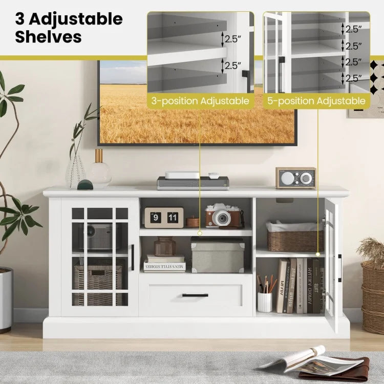 TV Stand for TVs up to 70 with Glass Doors Cubbies and Drawer