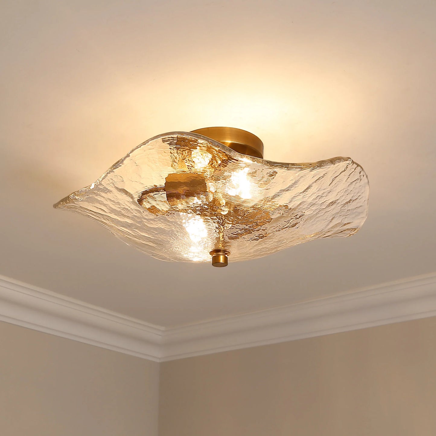 Samara 2-Light Semi-Flush in Modern Brass with Hammered Water Glass