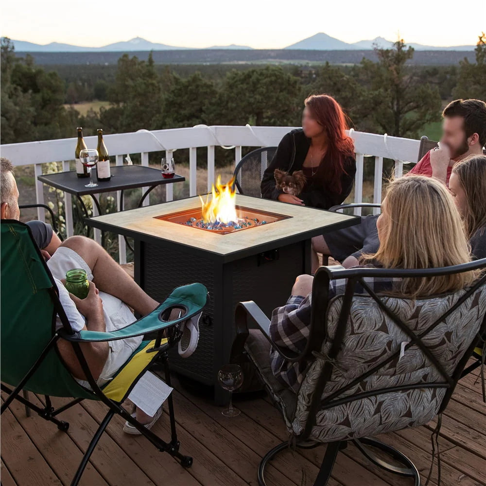 Topeakmart 30'' Outdoor Square Propane Fire Pit Table 50,000 BTU Gas w/Ceramic Rattan Pattern Steel Base Glass Black