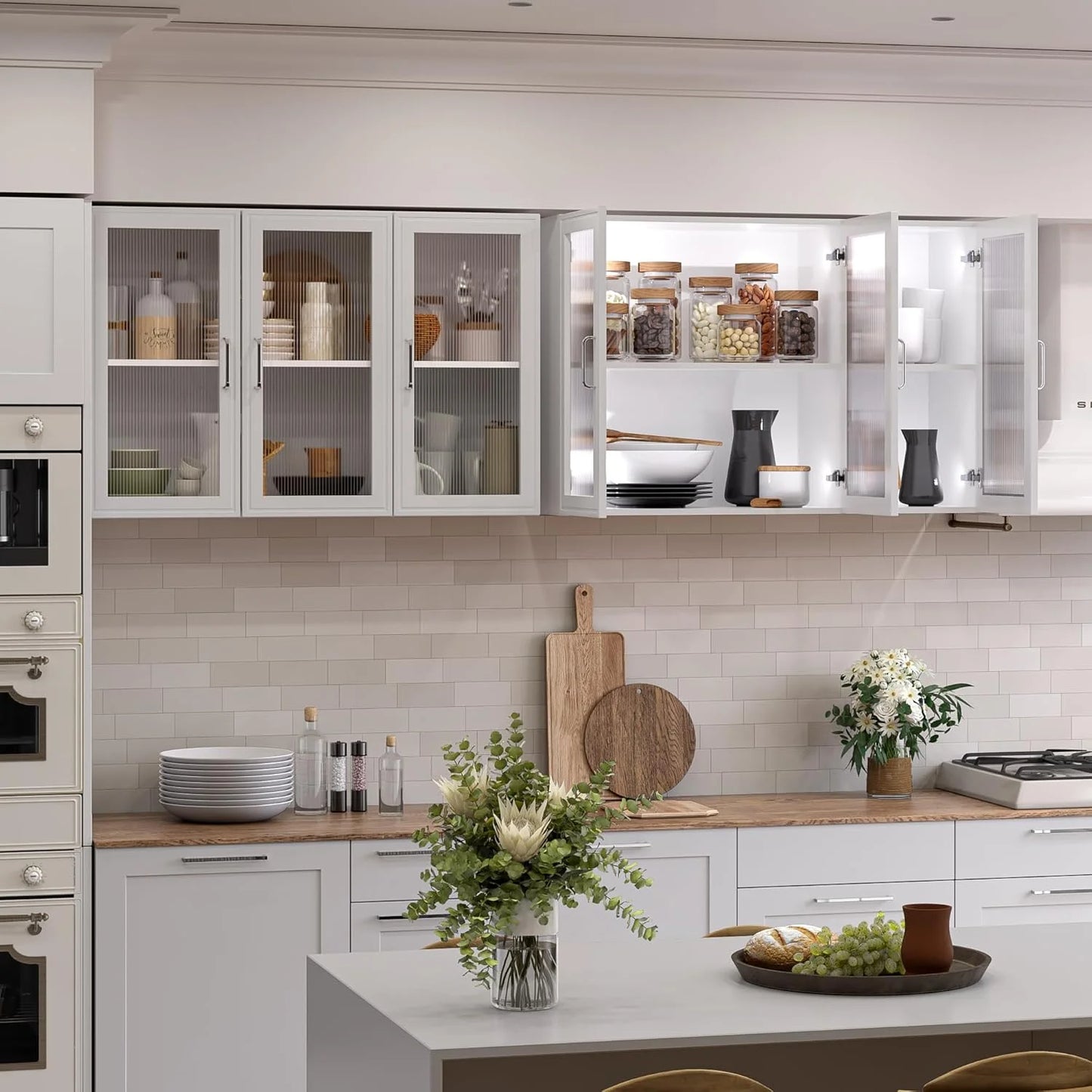 Wall Storage Cabinets - Led Upper Kitchen Laundry Wall Mounted Cabinets with Acrylic Glass 3 Doors and Shelves, 36'Wide