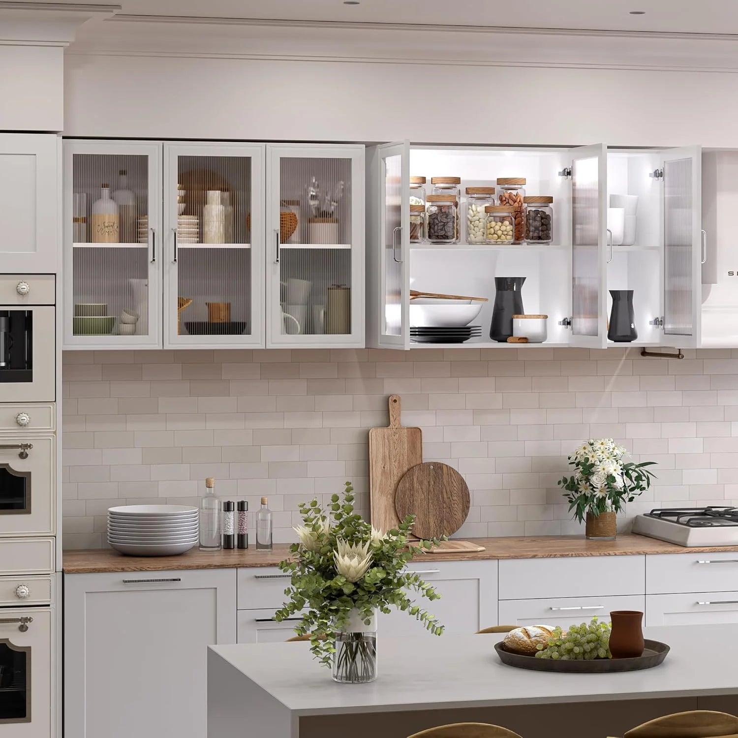 Wall Storage Cabinets - Led Upper Kitchen Laundry Wall Mounted Cabinets with Acrylic Glass 3 Doors and Shelves, 36'Wide