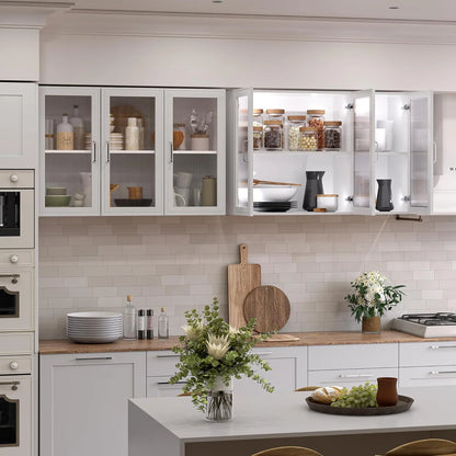 Wall Storage Cabinets - Led Upper Kitchen Laundry Wall Mounted Cabinets with Acrylic Glass 3 Doors and Shelves, 36'Wide
