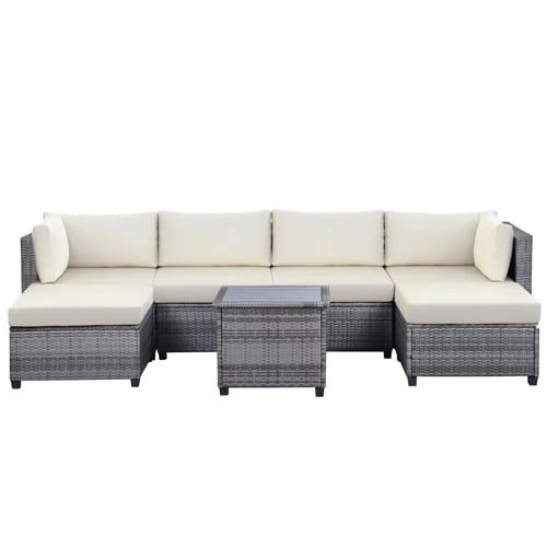 Wicker Patio Sofa Sets, 7 Pieces Outdoor Seating Sets, Lounge Sofa and Tempered Glass Coffee Table, Deck Front Garden Furniture Set, Brown Rattan + Beige Cushion
