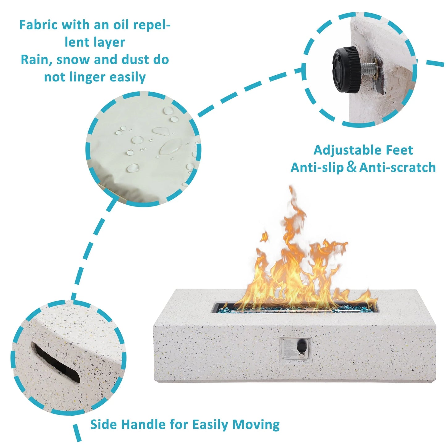 ESSENTIAL LOUNGER 56 inch Concrete Propane Fire Pit Table, 50,000 BTU Outdoor Firepit Rectangular Table for Garden& Patio, with Propane Tank Metal Stand, Fire Glass Beads and Waterproof Cover, White