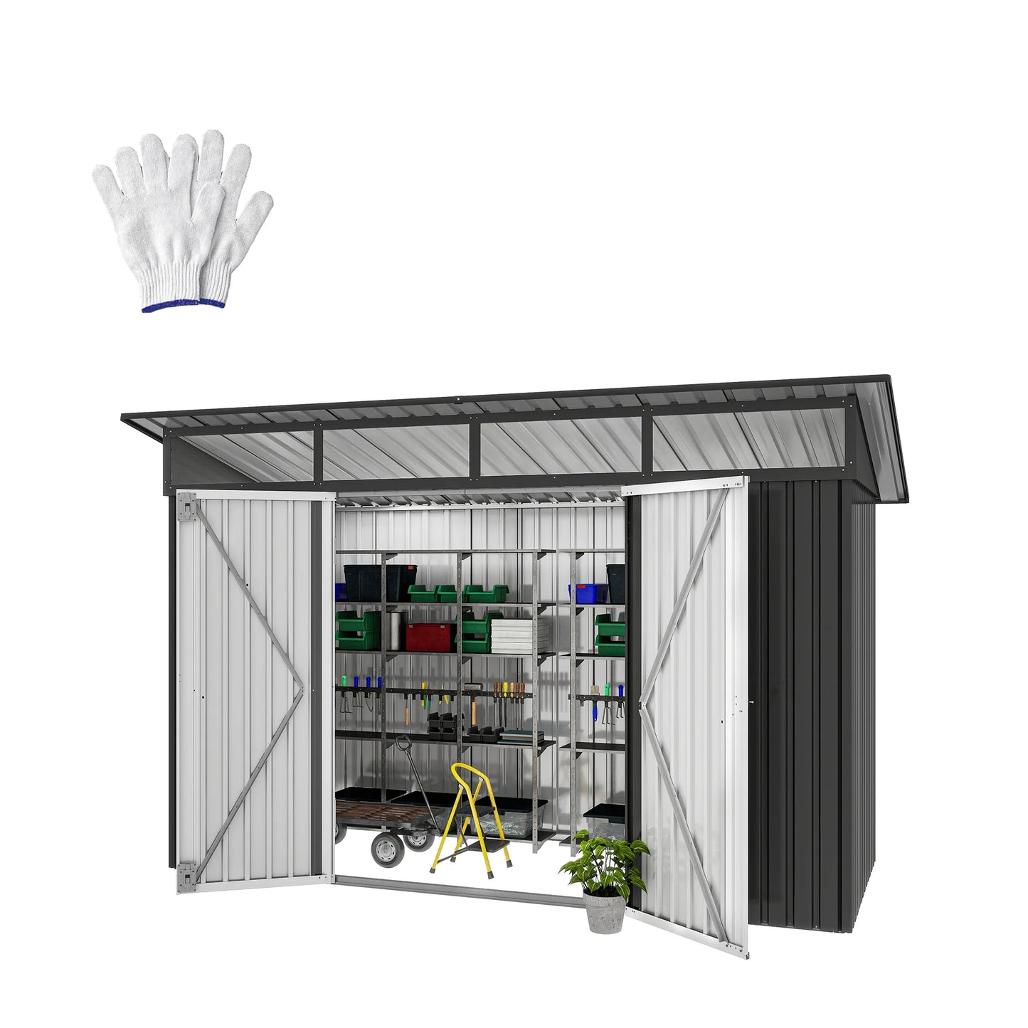 ModFusion 9x4 ft Outdoor Metal Storage Shed with Lockable Double Doors, Acrylic Glass Windows, Steel Roof, Garden Patio Bikes, Skylight, Dark Gray