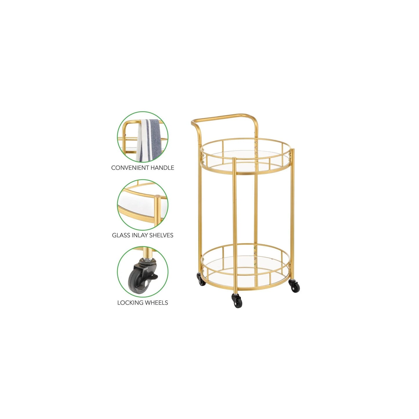 mDesign Metal Vintage Round Beverage Rolling Cart for Home - 2-Tier Serving Bar Trolley with Easy-Glide, Rotating Wheels, Built-in Handle, and Glass Shelves for Wine and Craft Beer - Black Round