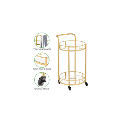 mDesign Metal Vintage Round Beverage Rolling Cart for Home - 2-Tier Serving Bar Trolley with Easy-Glide, Rotating Wheels, Built-in Handle, and Glass Shelves for Wine and Craft Beer - Black Round
