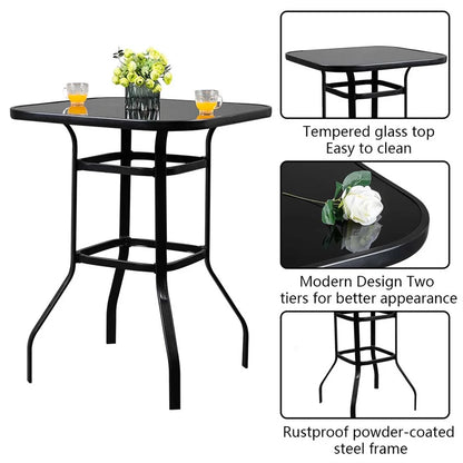 Cfowner 31° x 40° Square Multifunction Wrought Iron & Glass Patio Bar Table, Black