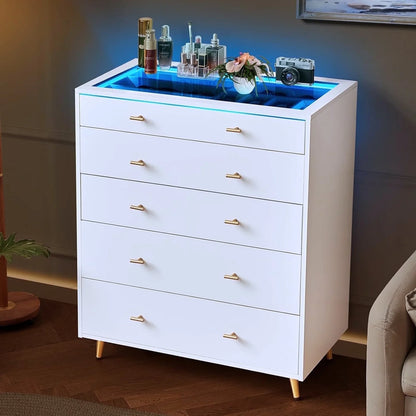 JanflyHome Drawer Dresser with LED Lights, Glass Top, Dresser with 5 Drawers Modern Storage Cabinet for Adult