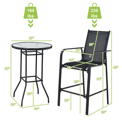 Gymax 3PCS Patio Bar Set Outdoor Bistro Set w/2 Stools & 1 Tempered Glass Table