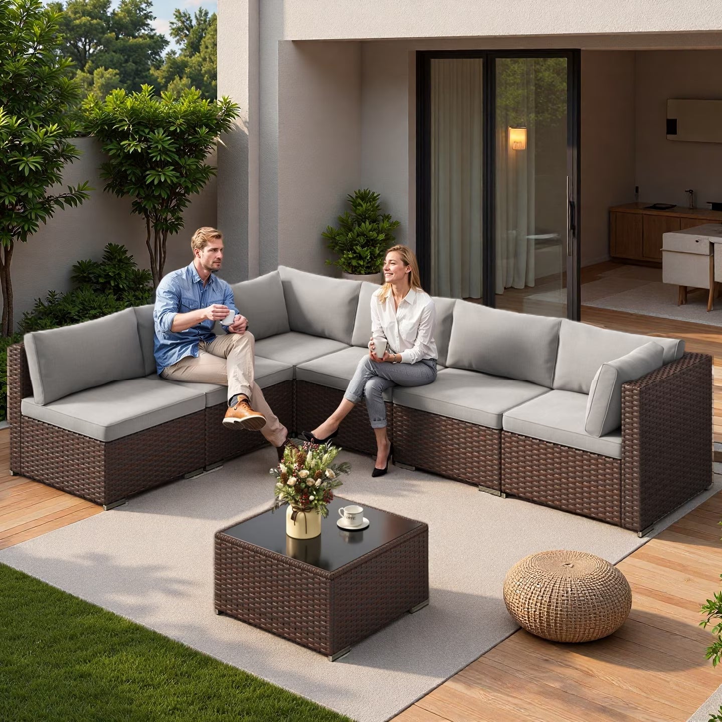 Patio Furniture Set on Sale, 7-Piece Wicker Sectional Outdoor Sofa Set with Glass Table & Water-Resistant Cushions, All-Weather PE Rattan for Backyard, Poolside, Garden (Gray)