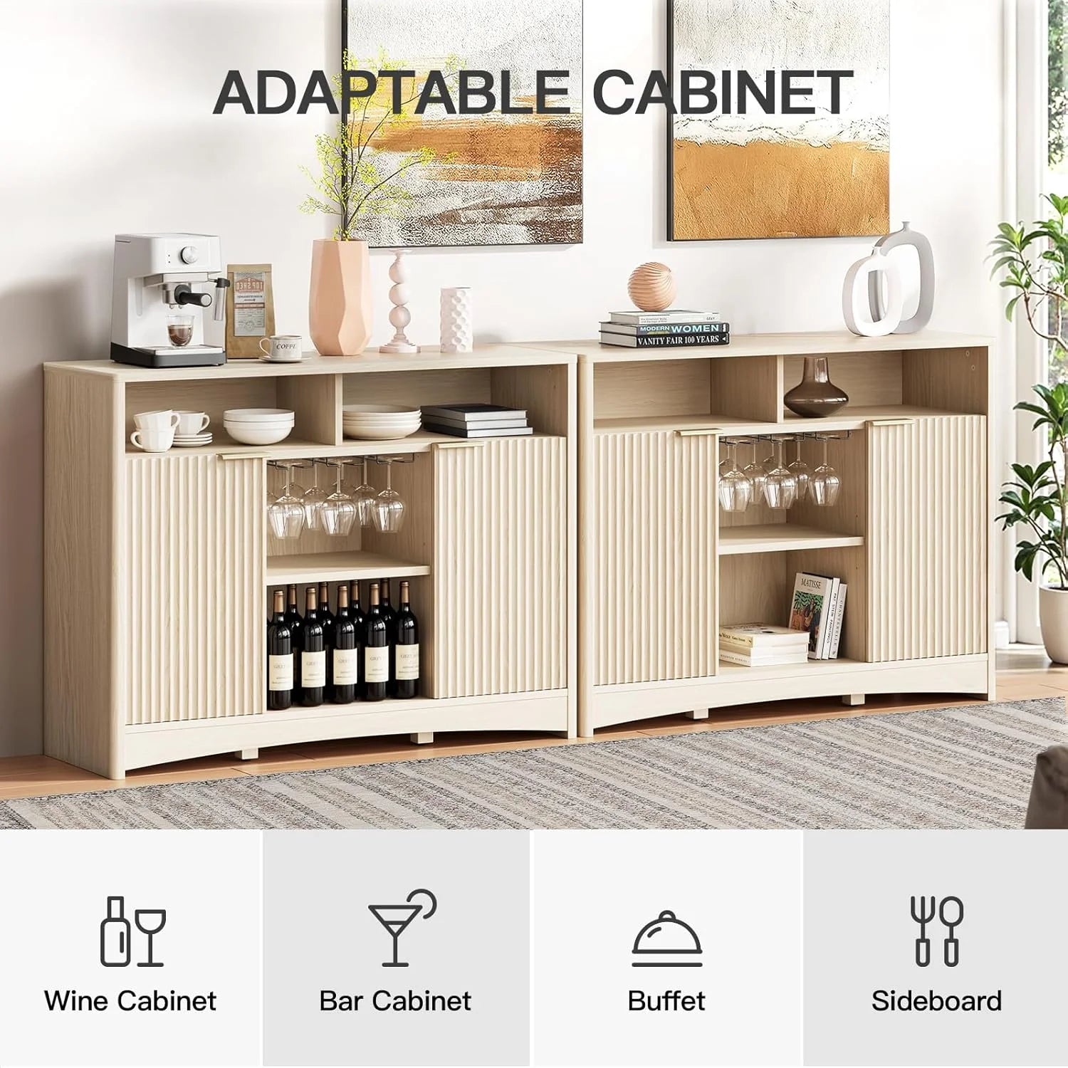 Amada 47.2" Wine Bar Cabinet for Liquor and Glasses, Modern Fluted Wood Coffee Bar Cabinet with Wine & Glass Rack, Buffet Sideboard with Adjustable Shelves for Home Dining Room Kitchen, Natural Oak