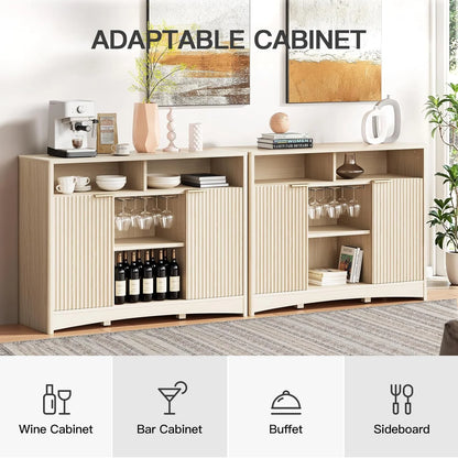 Amada 47.2" Wine Bar Cabinet for Liquor and Glasses, Modern Fluted Wood Coffee Bar Cabinet with Wine & Glass Rack, Buffet Sideboard with Adjustable Shelves for Home Dining Room Kitchen, Natural Oak