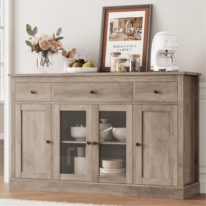 Homfa 55.1'' W Kitchen Buffet Sideboard, 3 Drawer Glass Door Accent Cabinet Coffee Bar with Adjustable Shelf for Dining Room Living Room, Gray Finish