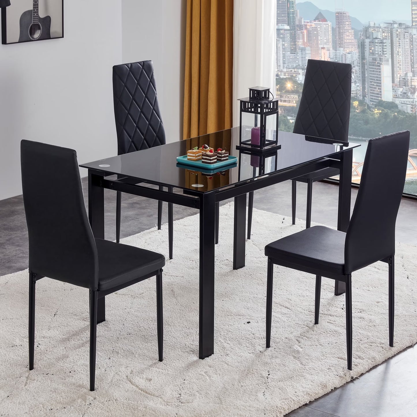 Aukfa 5-Piece Dining Table Set for Dining Room, Kitchen, Dinette, w/Glass Tabletop, 4 Faux Leather Metal Frame Chairs - Black