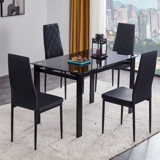 Aukfa 5-Piece Dining Table Set for Dining Room, Kitchen, Dinette, w/Glass Tabletop, 4 Faux Leather Metal Frame Chairs - Black