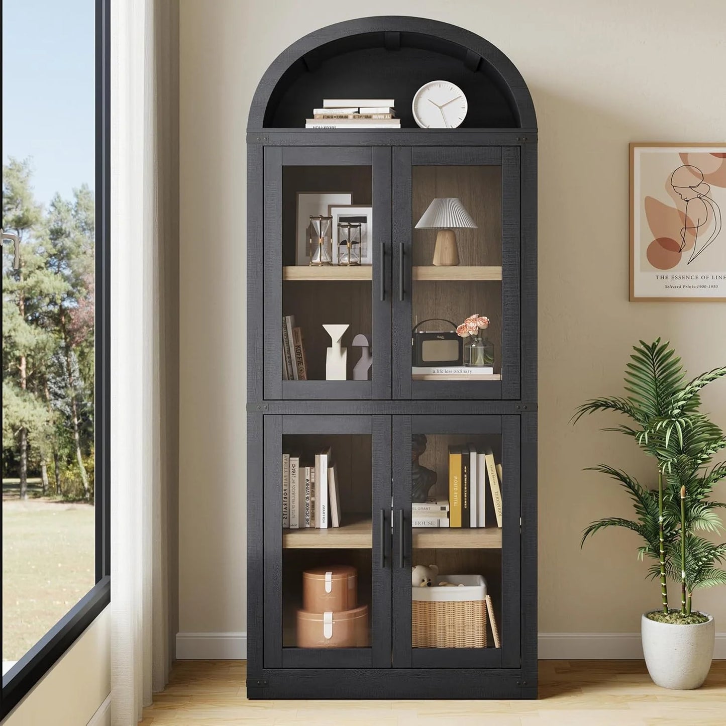NEILA Arched Bookshelf with Doors - Glass Doors - 15.83 inches deep by 71.4 inches tall rustic ambiance premium wood display cabinet for living room, kitchen and office,Glass Door_Black