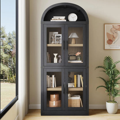 NEILA Arched Bookshelf with Doors - Glass Doors - 15.83 inches deep by 71.4 inches tall rustic ambiance premium wood display cabinet for living room, kitchen and office,Glass Door_Black