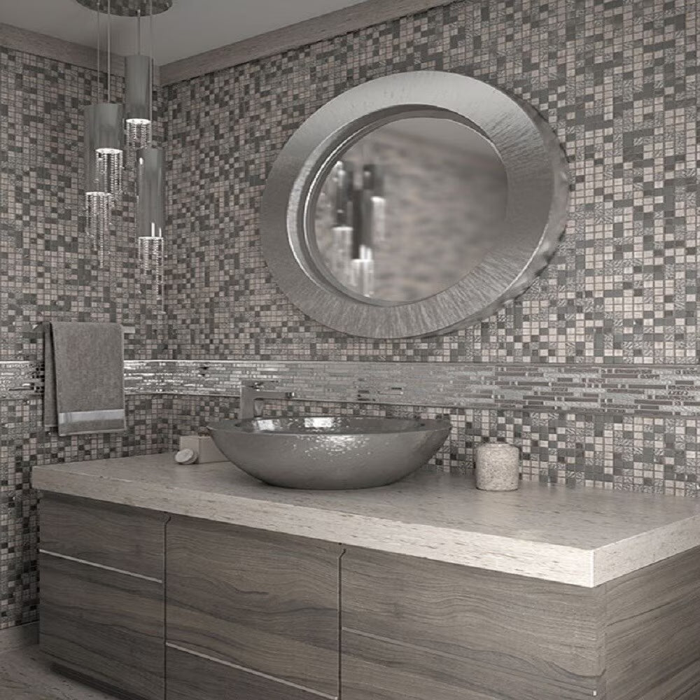 Apollo Tile 5 Pack Silver And Gray 11.7-in. x 11.7-in. Polished Glass and Stone Mosaic Tile (4.75 Sq ft/case)