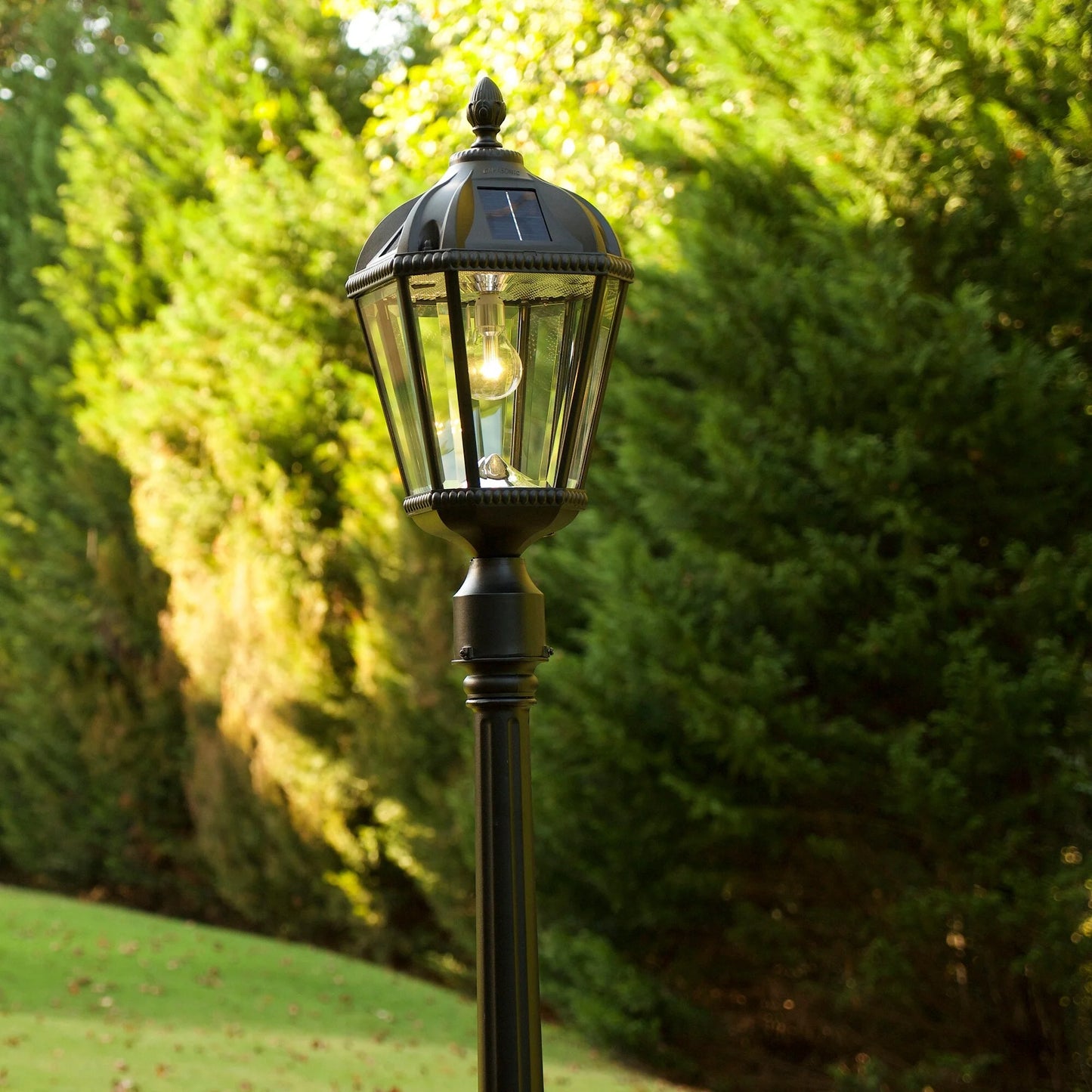 Gama Sonic Solar Outdoor Lamp Post Light, Black Cast Aluminum and Beveled Glass Panels, 10-Year Royal Bulb, Warm White LED with Omni-Direction Reflector, 87-inch Height, 98B001