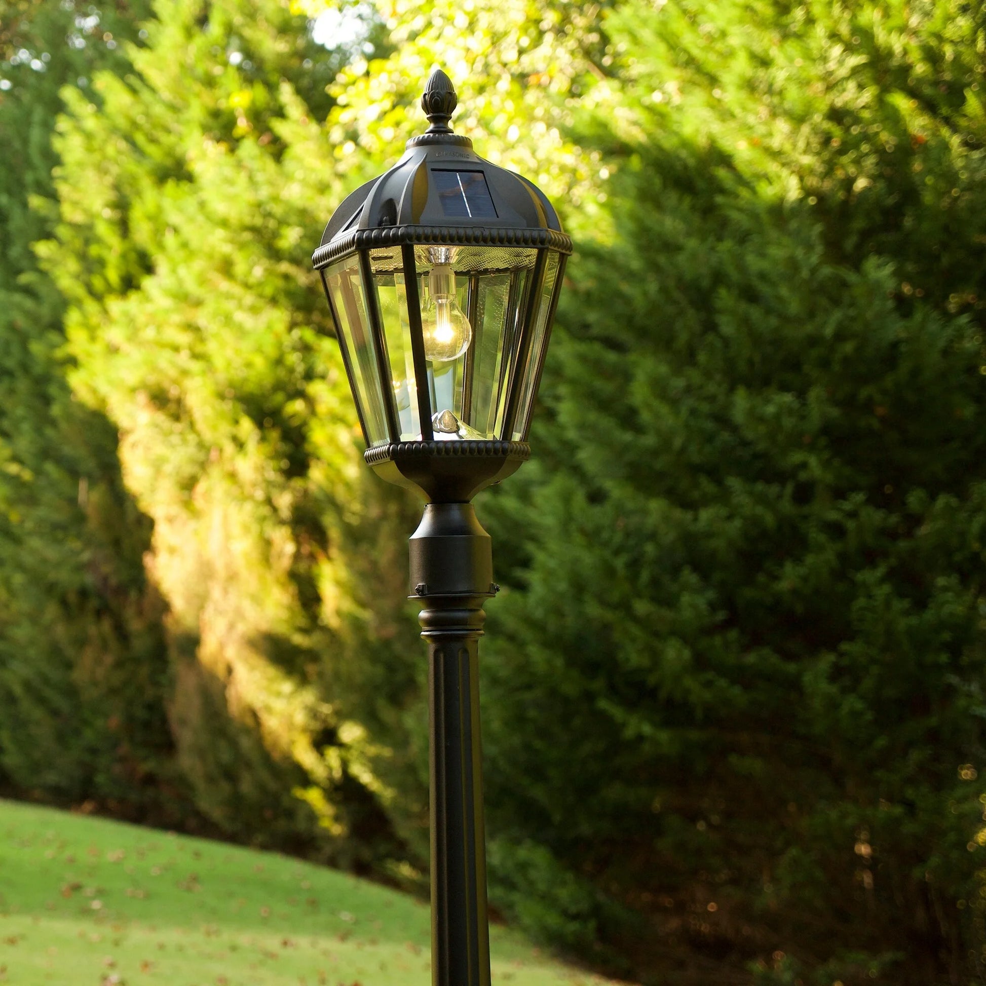 Gama Sonic Solar Outdoor Lamp Post Light, Black Cast Aluminum and Beveled Glass Panels, 10-Year Royal Bulb, Warm White LED with Omni-Direction Reflector, 87-inch Height, 98B001