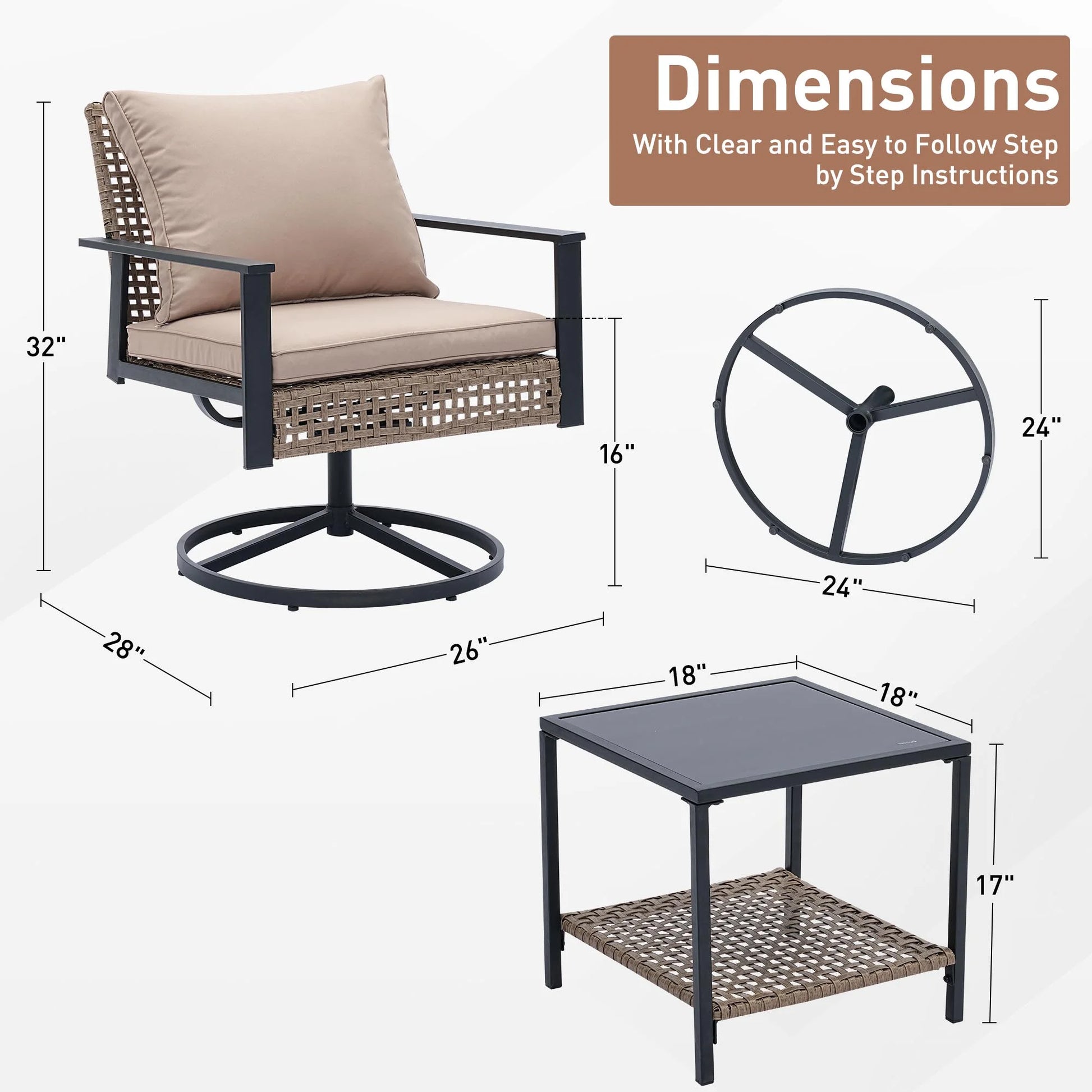 Ainfox Premium Patio Swivel Bistro Set,3-Piece Ourdoor Furniture Set,Wicker Rattan Coversation Rocking Chairs w/Glass Top Table & Cushions,Khaki